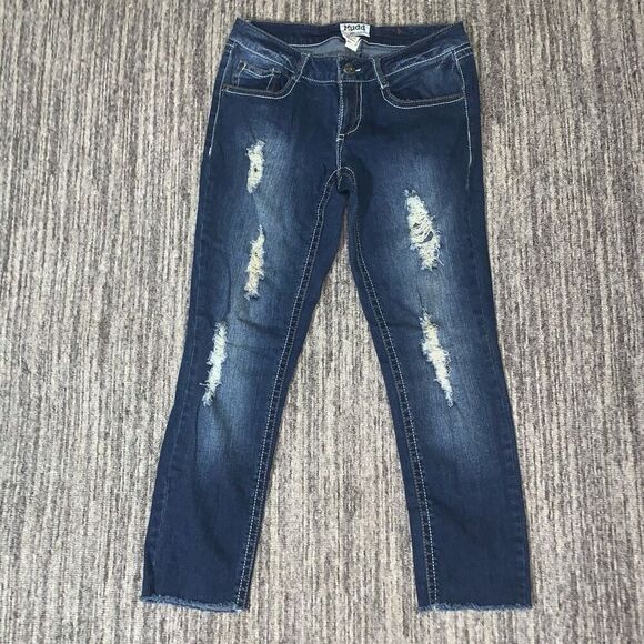 Vintage Y2K Mudd Jeans Youth Size 9 Distressed Jeans Tapered‎ Ankle Dark Blue - Picture 1 of 7